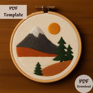 Mountain Landscape Hand Embroidery Pattern, Nature Scene Hand Embroidery PDF, Forest Stitch Design, Outdoor Landscape Hoop Art, DIY Template