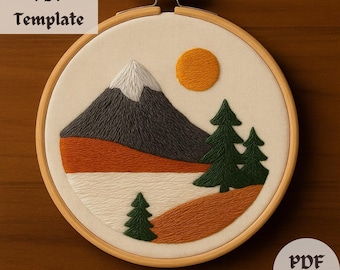 山と湖の刺繍アート 山と湖の風景刺繍パターン | 手刺繍PDFデザイン | モダンフープアート