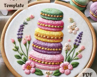 Macaron Stack Handstickerei, Französischer Nachtisch, Handstickerei, PDF, Süßer Leckerstich, Stickmuster, Stickrahmen-Muster, DIY-Gebäck