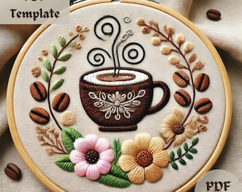 Coffee Embroidery Pattern, Whimsical Hand Embroidery PDF, Cozy Coffee-Themed Stitching Design, DIY Cafe-Inspired Hoop Art Template