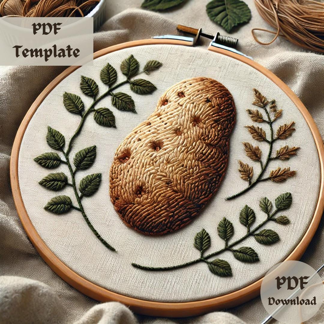 Potato Embroidery Pattern, Tasty Spud Hand Embroidery Design, Farmhouse Style Stitching PDF, DIY Hoop Art Template for Cozy Kitchen Decor