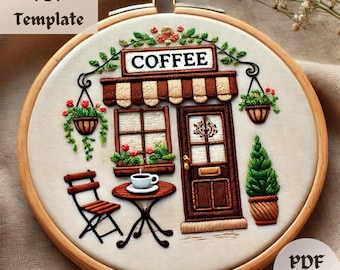 Coffee Shop Stickmuster, Whimsical Cafe Handstickerei PDF, gemütliche Kaffee-Themen Stickerei, DIY entspannende Stickrahmen-Vorlage