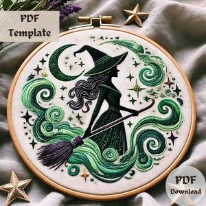 Verzauberte Hexe Stickmuster, Mystische Handstickerei PDF, Dark Fantasy Sorceress Stitching Design, DIY Magischer Stickrahmen-Vorlage