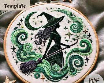 Enchanted Witch Embroidery Pattern, Mystical Hand Embroidery PDF, Dark Fantasy Sorceress Stitching Design, DIY Magical Hoop Template