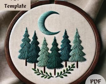Wzór haftu Forest Crescent Moon, haft ręczny Night Sky, wzór szycia Woodland, tamborek Nature w formacie PDF, szablon do robótek ręcznych DIY