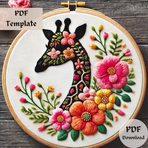 Floral Giraffe Embroidery Pattern, Giraffe Hand Embroidery, Wildlife Stitching Design, DIY Safari Hoop, Botanical Animal Embroidery Template