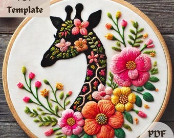 Floral Giraffe Embroidery Pattern, Giraffe Hand Embroidery, Wildlife Stitching Design, DIY Safari Hoop, Botanical Animal Embroidery Template