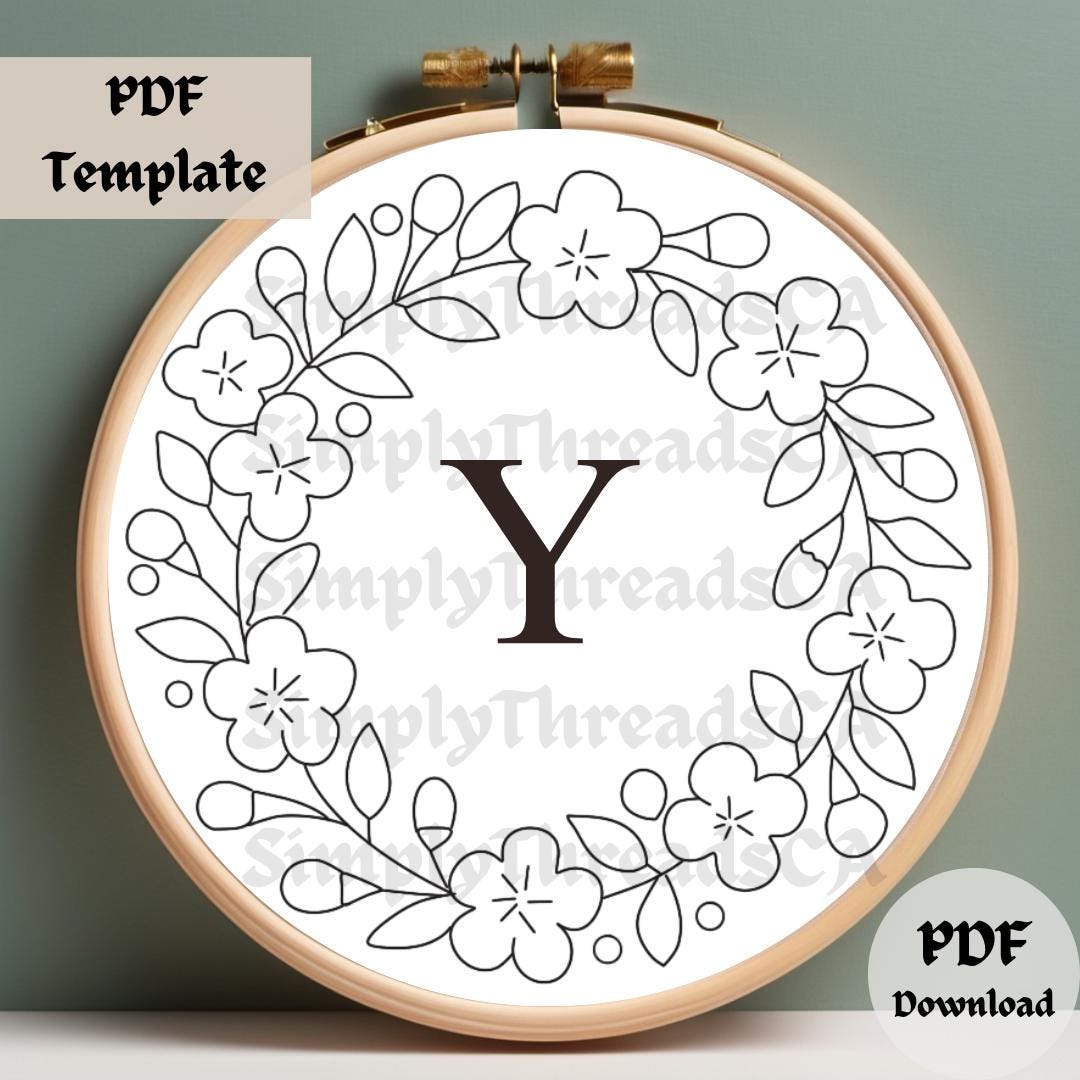 Cherry Blossom Monogram Y Embroidery Pattern, Floral Letter Hand