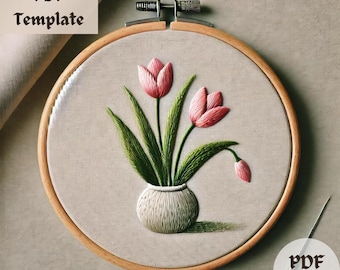 Patrón de bordado de flor rosa en jarrón, bordado floral a mano en PDF, diseño de costura DIY, arte moderno en aro, descarga instantánea, decoración botánica