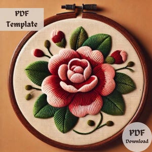 Schema per ricamo a rosa, ricamo a mano con fiori rossi, punto floreale botanico in PDF, disegno romantico per ricamo fai da te, download immediato