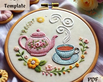 Tea Time Embroidery Pattern, Elegant Teapot and Teacup Hand Embroidery PDF, Floral Stitching Design, DIY Cozy Cafe-Themed Hoop Template