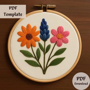 Three Flower Hand Embroidery Pattern, Colorful Floral Hand Embroidery PDF, Wildflower Stitch Design, Botanical Hoop Art, DIY Flower Template