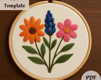 Patrón de bordado a mano de tres flores, PDF de bordado floral colorido, diseño de puntada de flores silvestres, arte botánico en aro, plantilla de flores DIY