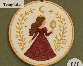 Mirror Princess Embroidery Pattern, Fairytale Girl Stitching PDF, Crown and Mirror Hand Embroidery, DIY Royal Design Template, Cute Hoop Art