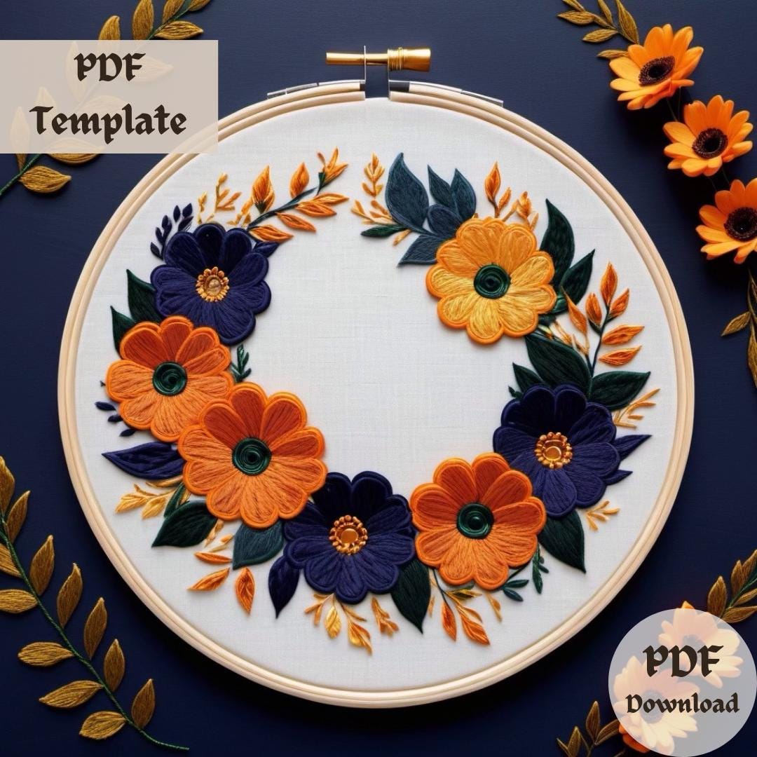 Autumn Floral Wreath Embroidery Pattern, Fall Flower Hand Embroidery ...