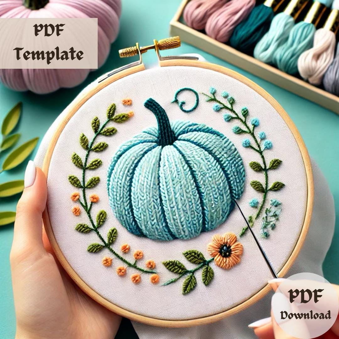 Blue Pumpkin Embroidery Pattern, Autumn Hand Embroidery PDF, Fall ...