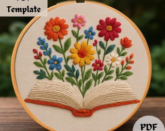 Floral Book Hand Embroidery Pattern, Blooming Book Hand Embroidery Design, Book Lover Stitch PDF, DIY Reading Hoop Art, Instant Download PDF