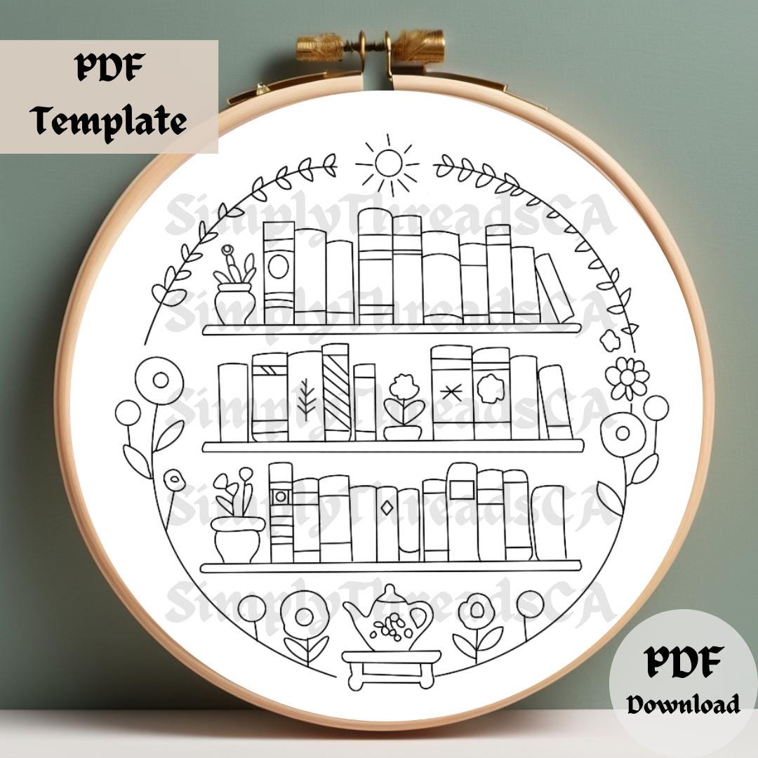Bookshelf Embroidery Pattern, Whimsical Hand Embroidery PDF, Cozy ...