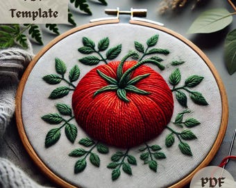 Tomato Embroidery Pattern, Fresh Garden Veggie Hand Embroidery Design, Vibrant Red Tomato Stitching PDF, DIY Hoop Art Template