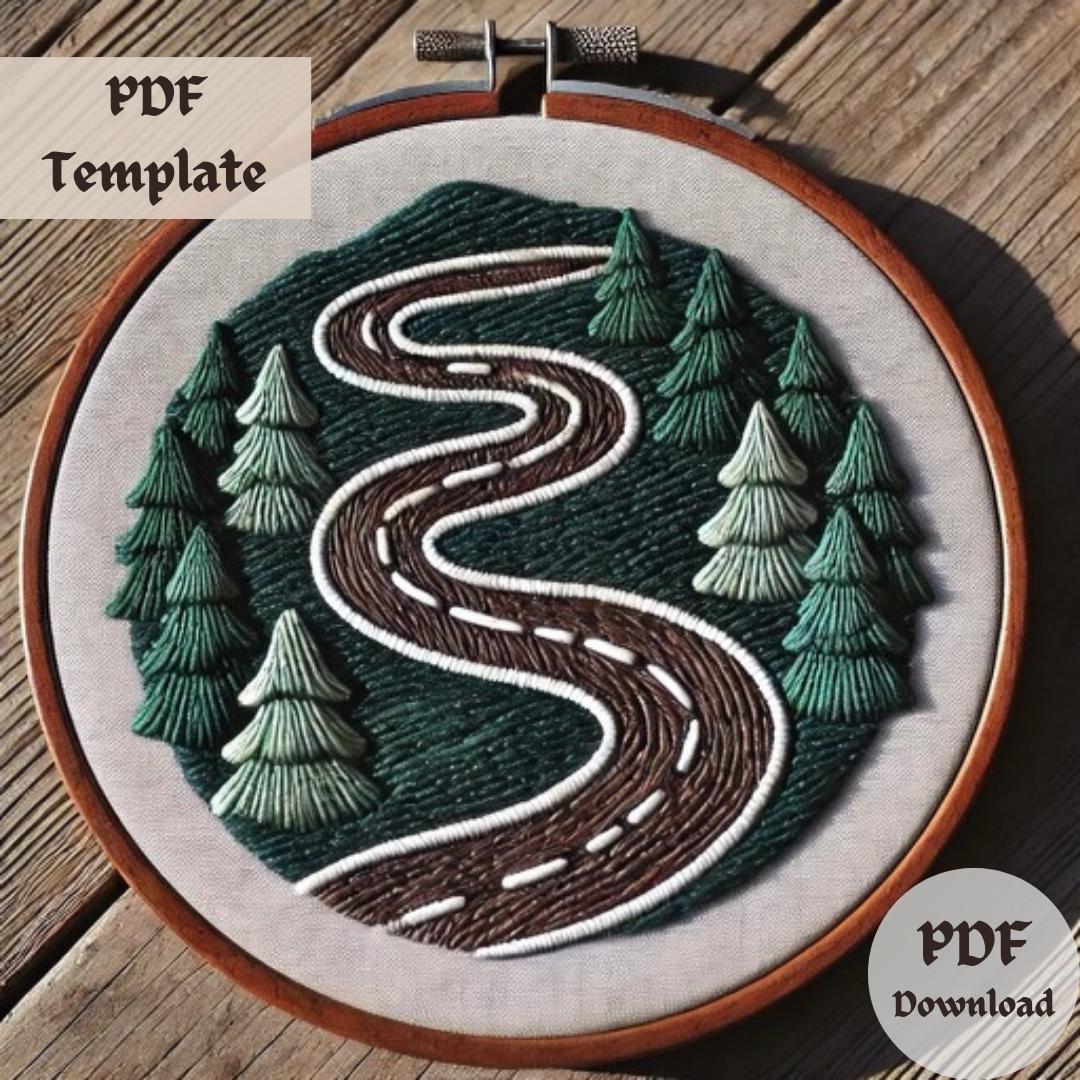 Winding Forest Road Embroidery Pattern, Nature Trail Hand Stitch Template PDF, Tree Landscape Hoop Design, Modern Outdoor Art Pattern