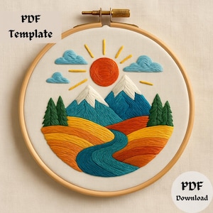 Colorful Mountain Landscape Embroidery Pattern, Nature Scene Hand Embroidery Design, River and Sun Embroidery Design, PDF Hoop Template DIY