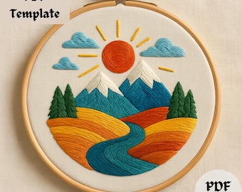 Colorful Mountain Landscape Embroidery Pattern, Nature Scene Hand Embroidery Design, River and Sun Embroidery Design, PDF Hoop Template DIY
