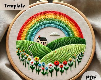 虹の風景刺繍パターン、PDF DIY自然デザイン、カラフルな風景画フープ