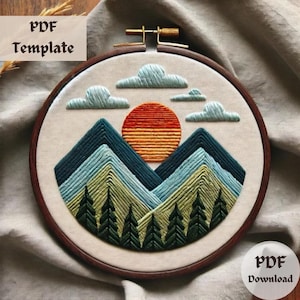 Mountain Sunset Embroidery Pattern, Scenic Hand Embroidery, Landscape Stitching Design, Nature Hoop PDF, DIY Adventure Needlework Template