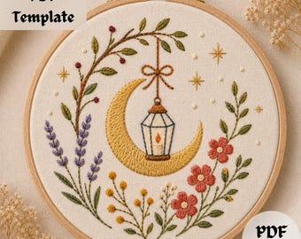 Halbmond-Stickmuster, Blumenlaternen-Handstickvorlage (PDF), Botanisches Mondmotiv, Stickrahmenvorlage „Magischer Garten“ zum Selbermachen