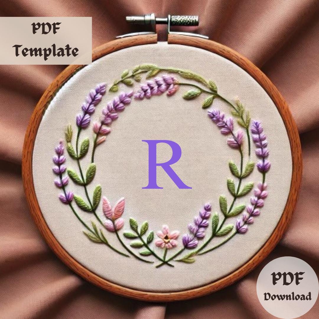 Embroidery Pattern Letter R Lavender Monogram Embroidery Pattern, Letter R Floral Hand Embroidery ...