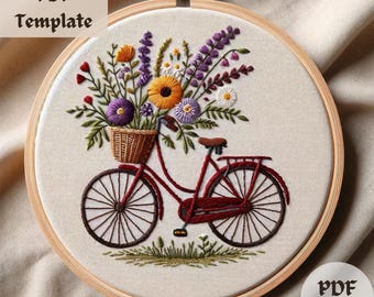 Vélo vintage avec motif de broderie de fleurs - PDF de broderie à la main, conception de couture de vélo rustique, conception de travaux d'aiguille d'art de cerceau floral bricolage