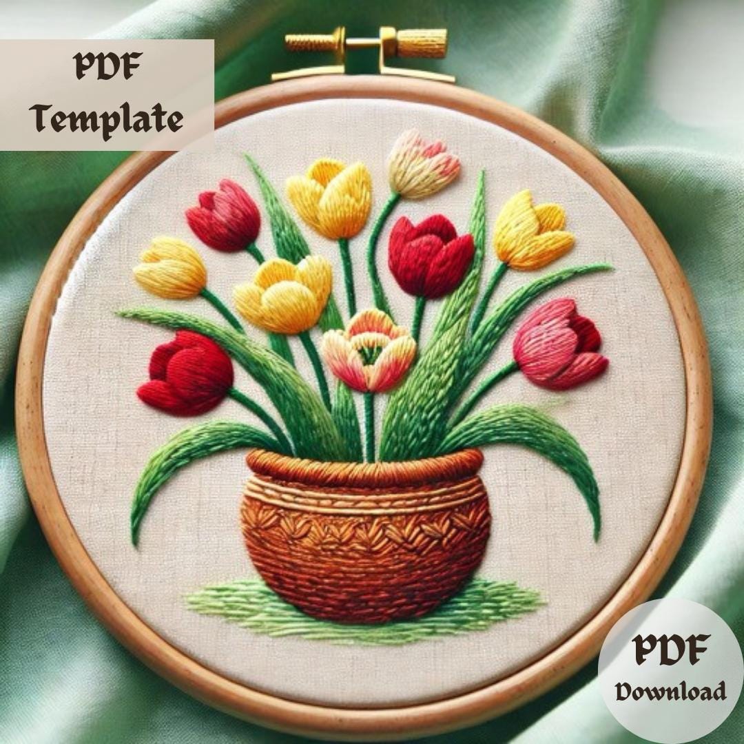 Tulip Bouquet Embroidery Pattern – Colorful Hand Embroidery PDF, Floral ...