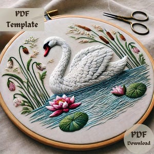 Patrón de bordado de cisne, elegante diseño de bordado a mano de cisne blanco, PDF de bordado inspirado en la naturaleza, plantilla elegante para bordado en bastidor.