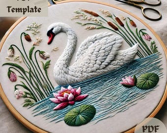 Schwan Vogel Stickmuster, Anmutiger weißer Schwan Handstickerei Design, Natur inspiriertes Sticken PDF, DIY Elegante Hoop Art Vorlage