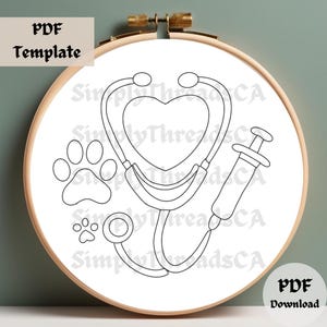 May include: Black and white line art embroidery pattern of a stethoscope, a heart, a syringe, and two paw prints.  The pattern is designed for embroidery hoops.