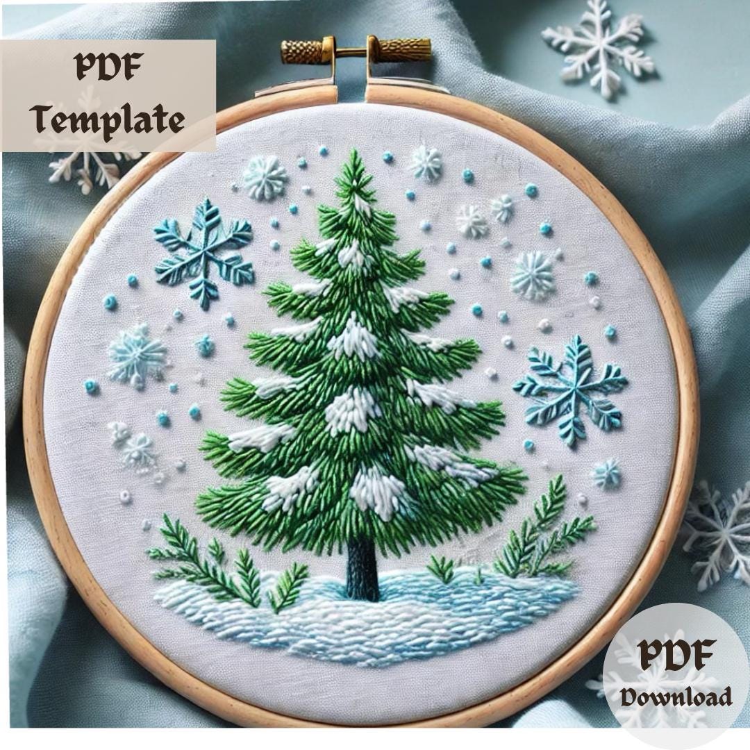 Snowy Pine Tree Embroidery Pattern - Winter Hand Embroidery PDF, Cozy ...