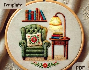 Cozy Reading Nook Embroidery Pattern, Whimsical Hand Embroidery PDF, Charming Chair and Books Stitching Design, DIY Relaxing Hoop Template