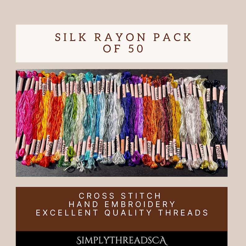 Puede incluir: Un paquete de 50 hilos de bordado de seda y ray&oacute;n en una variedad de colores. Los hilos est&aacute;n dispuestos en filas y est&aacute;n etiquetados con n&uacute;meros. El paquete est&aacute; etiquetado con "Silk Rayon Pack of 50" y "Cross Stitch Hand Embroidery Excellent Quality Threads".