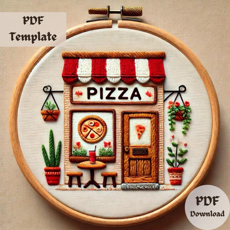May include: Embroidered design of a red and white striped awning over a small shop with the word "PIZZA" above the door. The shop has a window with a pizza inside and a door with a slice of pizza on it. There are two small tables with chairs and potted plants outside the shop.