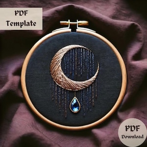 Crescent Moon Embroidery Pattern, Blue Gem Moon Hand Embroidery, Celestial Embroidery Design PDF, DIY Stitch Template, Instant Download