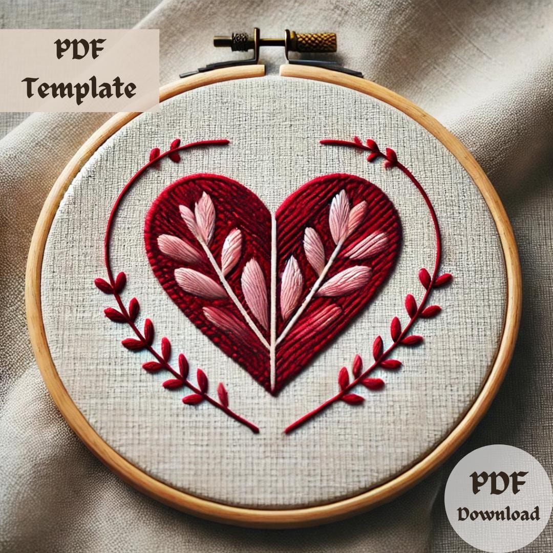 Floral Heart Embroidery Pattern, Red Heart Hand Embroidery PDF ...