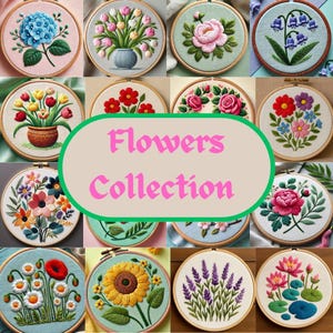 May include: A collection of 12 embroidery hoops featuring various floral designs. Each hoop is decorated with colorful flowers, including roses, sunflowers, hydrangeas, and lilies. The hoops are arranged in a grid pattern and the text "Flowers Collection" is displayed in the center.