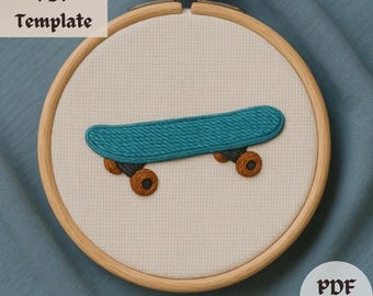 Blue Skateboard Embroidery Pattern, Modern Hand Embroidery Design, PDF Template for Skate Decor, DIY Stitch Pattern for Teens and Skaters
