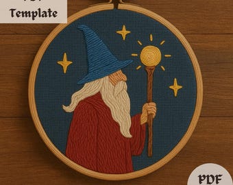 Wizard Embroidery Pattern, Magical Wizard with Staff PDF Design, Fantasy Hand Embroidery Template, DIY Mystic Hoop Art Download