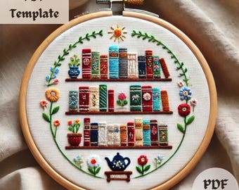 Bookshelf Embroidery Pattern, Whimsical Hand Embroidery PDF, Cozy Library Stitching Design, DIY Book Lover Hoop Template, Floral Bookshelf