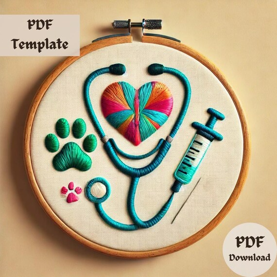 Vet Love Hand Embroidery Pattern, Heart and Stethoscope Pet Hand Embroidery Design, Veterinary Care Stitch PDF, DIY Pet Lover Template