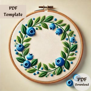 Blueberry Wreath Embroidery Pattern, Botanical Hand Embroidery PDF, Berry Stitching Design, Nature-Inspired Hoop Art, Instant Download