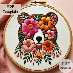 花柄のクマの刺繍パターン、クマの手刺繍、自然のステッチデザイン、DIY 野生動物フープ PDF、植物動物刺繍テンプレート
