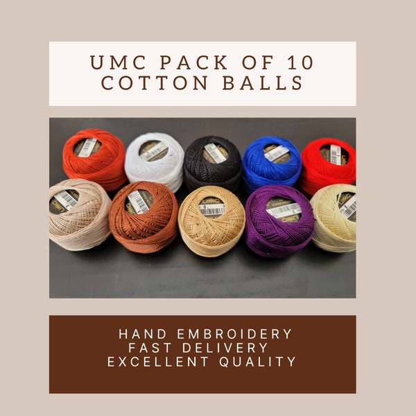 UMC Cotton Balls Pack of 10: Embroidery Thread Size 8 ~ Crochet Thread Balls ~ Hand Embroidery Floss ~ Cross Stitch Floss ~Needlework Thread