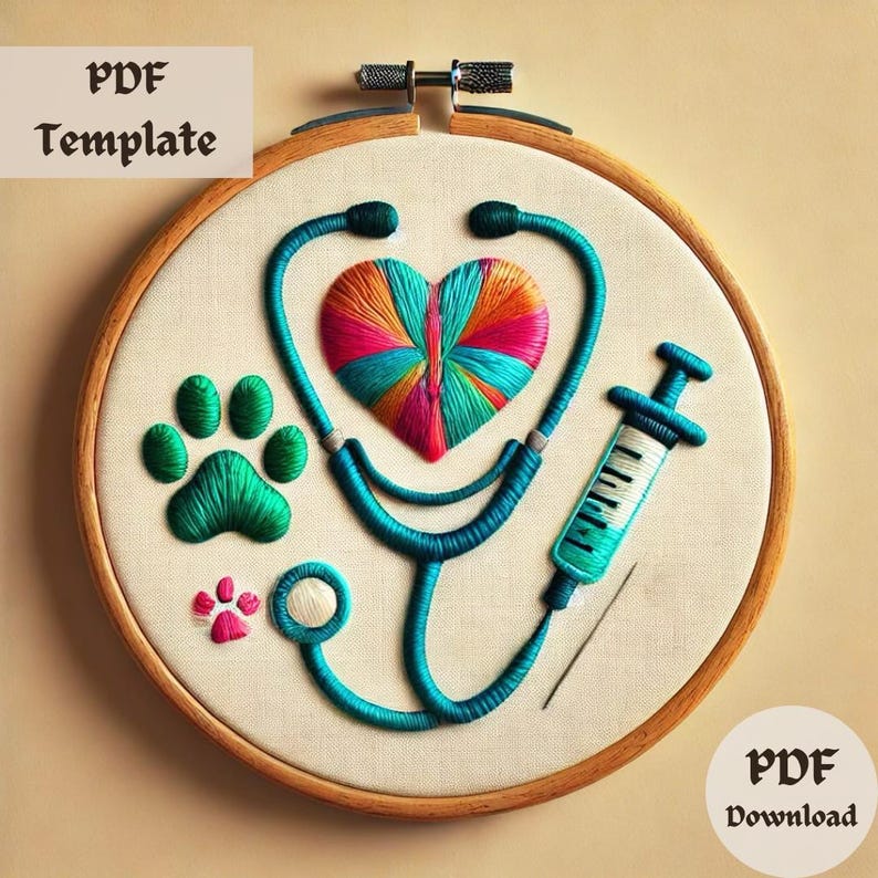May include: Embroidered hoop art featuring a colourful heart, a stethoscope, a syringe, and two green paw prints. The hoop is made of wood and has a white fabric background.
